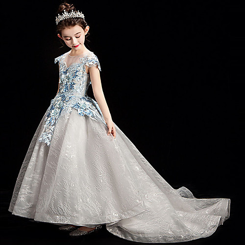 

Princess / Ball Gown Sweep / Brush Train Wedding / Party Flower Girl Dresses - Lace / Tulle Cap Sleeve Illusion Neck with Appliques