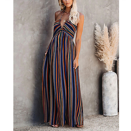 

Women's Swing Dress Maxi long Dress Black Blue Red Light Blue Sleeveless Striped Print Backless Pocket Print Summer V Neck Elegant 2021 S M L XL XXL