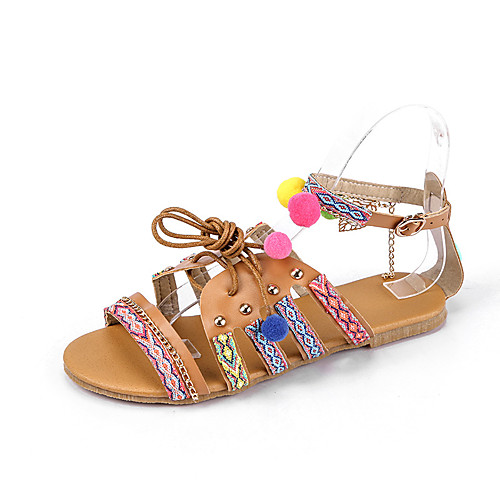 

Women's Sandals Boho Bohemia Beach Roman Shoes Gladiator Sandals Flat Heel Round Toe Flat Sandals Casual Roman Shoes Daily Walking Shoes PU Buckle Tassel Floral Brown