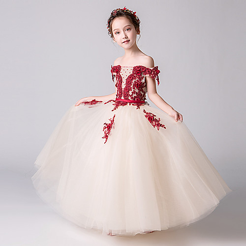 

Princess / Ball Gown Floor Length Wedding / Party Flower Girl Dresses - Tulle Short Sleeve Off Shoulder with Beading / Appliques