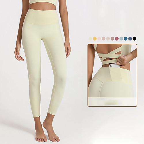 

Women's High Waist Yoga Pants Hidden Waistband Pocket Cropped Leggings Tummy Control Butt Lift Breathable Solid Color Light Yellow Black Yellow Nylon Spandex Yoga Fitness Gym Workout Sports Activewear