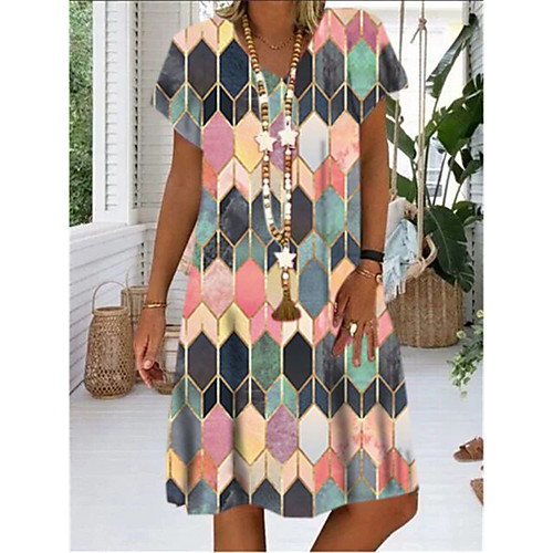

Women's Shift Dress Knee Length Dress Blue Purple Red Green Short Sleeve Geometric Print Summer V Neck Casual 2021 S M L XL XXL 3XL