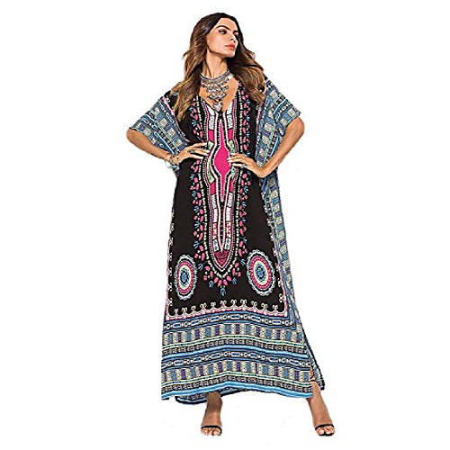 

women long tunic dress kaftan floor full length dress batwing 3/4 sleeve plus size summer dress,black