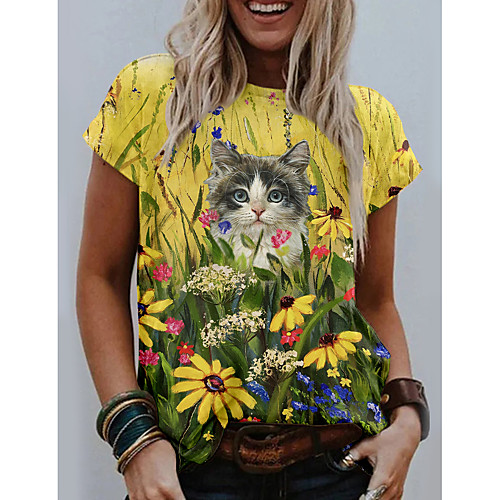 

Women's T shirt Cat Graphic Floral Print Round Neck Tops Basic Basic Top Blue Yellow