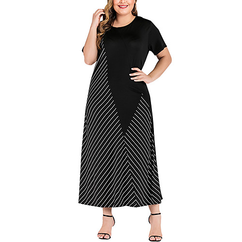

Women's Striped Patchwork Print Casual Short Sleeve Spring & Summer Maxi long Dress Shift Dress Black / vacation dresses