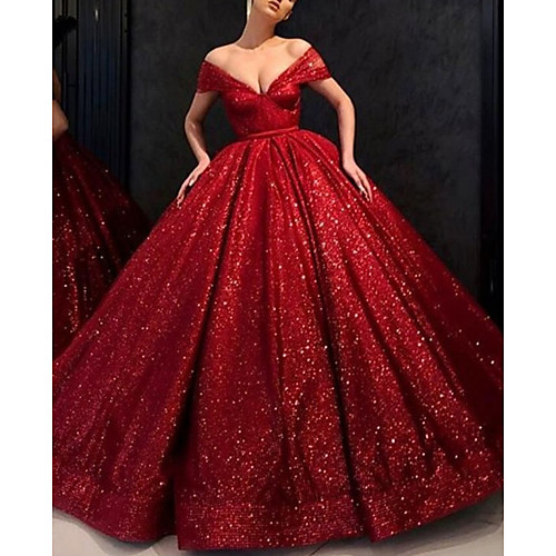 

Ball Gown Luxurious Sparkle Engagement Formal Evening Dress V Neck Short Sleeve Floor Length Lace Tulle with Pleats 2021