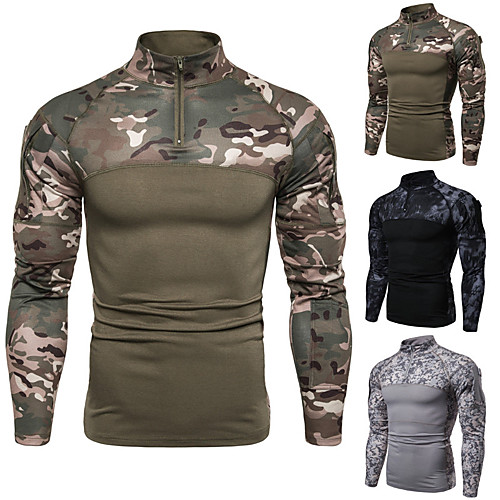 

Men's Hunting T-shirt Long Sleeve Outdoor Fall Spring Breathability Wearable Soft Camo / Camouflage Polyester Black Army Green Grey