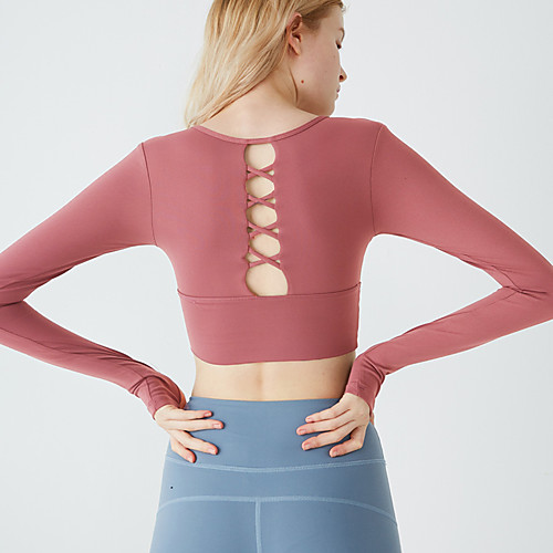 

Women's Scoop Neck Running Shirt Yoga Top Crop Top Medium Support Cut Out Cropped Solid Color Black Dark Purple Pink Spandex Yoga Fitness Gym Workout Top Long Sleeve Sport Activewear Breathable Quick