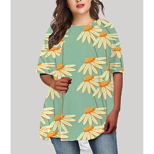 

Women's Plus Size Graphic Color Block Floral Print Casual Half Sleeve Fall Short Mini Dress T Shirt Dress Tee Dress Blue Red