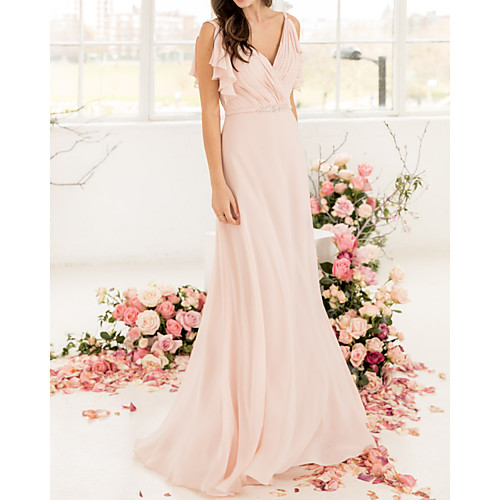 

A-Line V Neck Floor Length Chiffon Bridesmaid Dress with Ruffles
