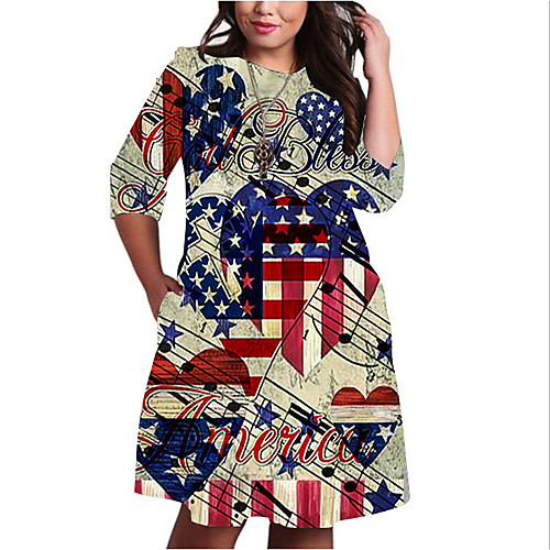 

Women's Plus Size Dresses Shift Dress Knee Length Dress 3/4 Length Sleeve Graphic Flag Print Basic Fall Navy Blue XL XXL 3XL 4XL 5XL / Holiday
