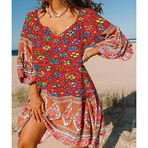 

Women's Swing Dress Short Mini Dress Red Blushing Pink 3/4 Length Sleeve Floral Tie Dye Ruffle Patchwork Print Summer V Neck Elegant 2021 S M L XL XXL 3XL