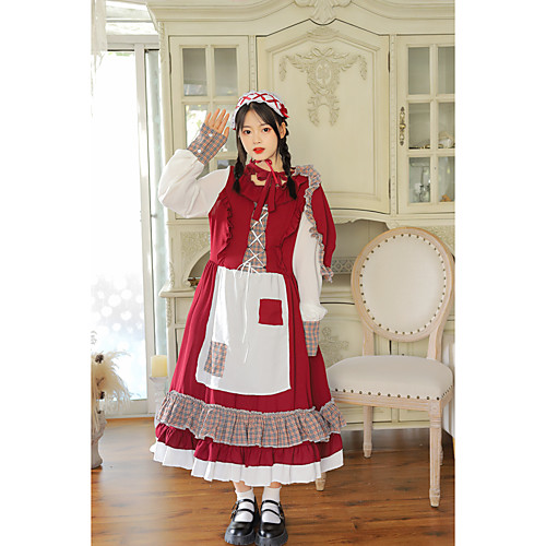 

Lolita Lolita Cute Dress Cosplay Costume Women's Japanese Cosplay Costumes Red Solid Colored Bishop Sleeve Long Sleeve Long Length