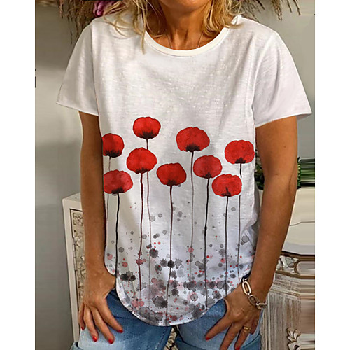 

Women's T shirt Graphic Floral Print Round Neck Tops Basic Basic Top White