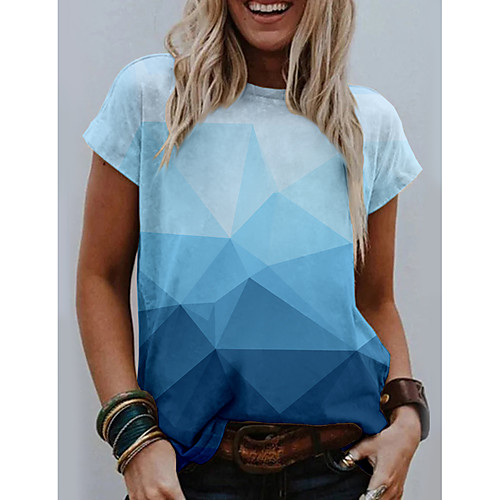 

Women's T shirt Graphic Geometric Print Round Neck Tops Basic Basic Top Blue
