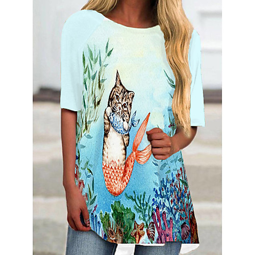 

Women's T Shirt Dress Tee Dress Short Mini Dress White Blue Royal Blue Short Sleeve Cat Animal Print Spring Summer Round Neck Casual 2021 S M L XL XXL 3XL