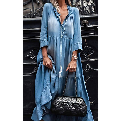 

Women's Denim Dress Maxi long Dress Light Blue 3/4 Length Sleeve Solid Color Pocket Patchwork Summer V Neck Chic & Modern Casual 2021 S M L XL XXL