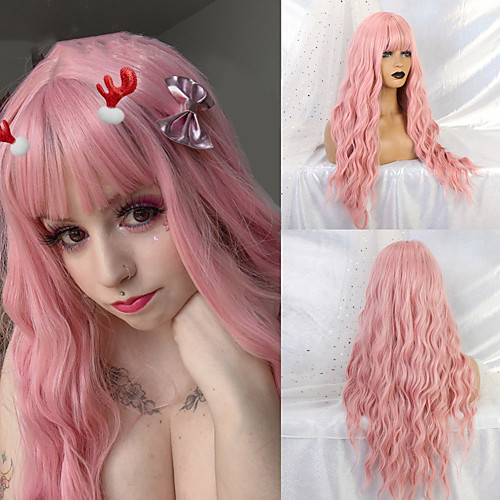 

Synthetic Wig Deep Wave Neat Bang Wig Medium Length A9 Synthetic Hair Women's Cosplay Party Fashion Pink