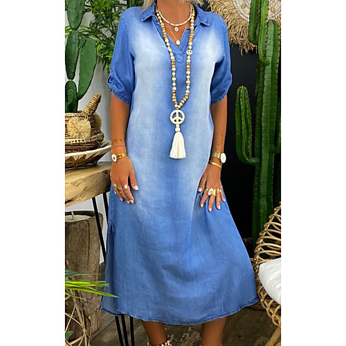 

Women's Denim Dress Midi Dress Dusty Blue Light Blue 3/4 Length Sleeve Solid Color Print Summer V Neck Casual 2021 S M L XL XXL 3XL