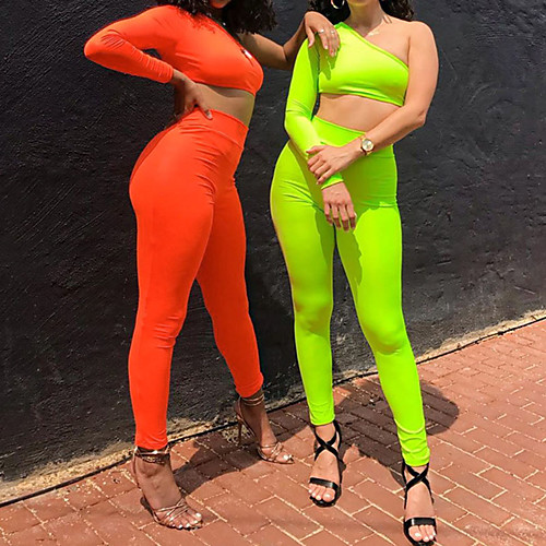 

Women's Sweatsuit 2 Piece One Shoulder Crop Top One Shoulder Spandex Solid Color Sport Athleisure Clothing Suit Long Sleeve Breathable Soft Comfortable Exercise & Fitness Running Everyday Use Street