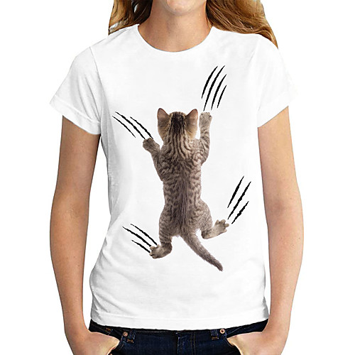 

Women's T shirt Cat Graphic 3D Print Round Neck Tops Basic Basic Top White