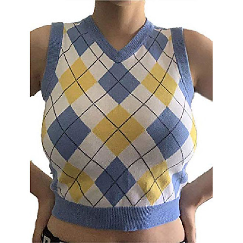 

women streetwear preppy style knitwear sleeveless tank top v neck argyle plaid knitted sweater vest (blue, s)