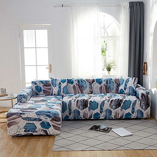 

Blue Leaves Print Dustproof All-powerful Slipcovers Stretch L Shape Sofa Cover Super Soft Fabric Couch Cover with One Free Pillow Case