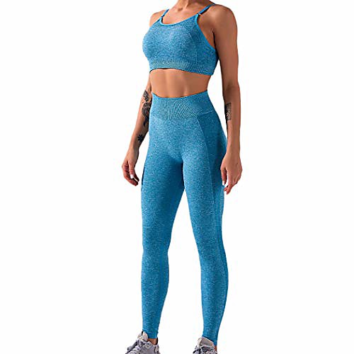 

women's high waisted seamless yoga pants 2 pieces running athletic leggings with tank top (sky blue,l)