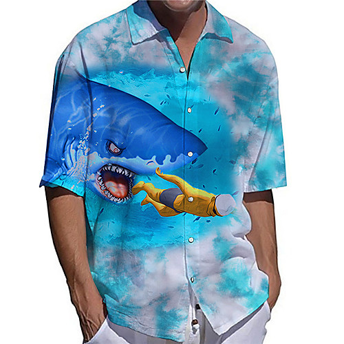 

Men's Shirt 3D Print Graphic Prints Shark Animal Button-Down Print Short Sleeve Daily Tops Casual Designer Big and Tall Blue