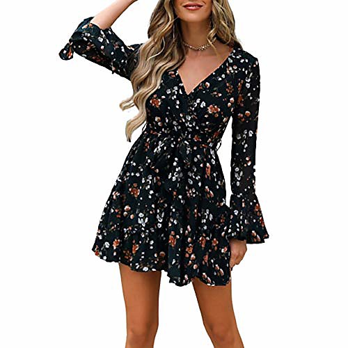 

qilinxuan women v neck long sleeve dress polka dot floral print a-line tie belt short dress with ruffle (black, l)