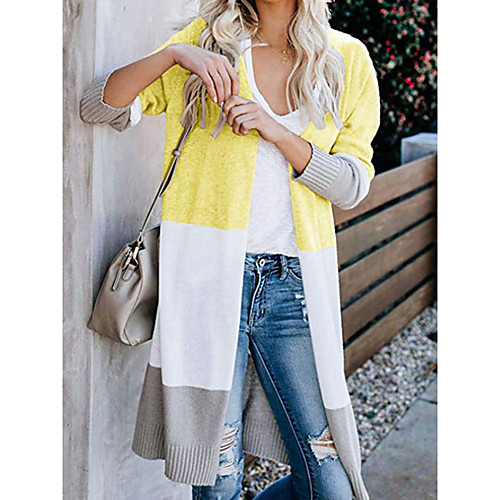 

Women's Knitted Color Block Cardigan Cotton Long Sleeve Sweater Cardigans V Neck Fall Winter Blue Yellow Orange