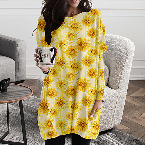 

Women's Shift Dress Short Mini Dress Orange Long Sleeve Floral Geometric Print Fall Spring Round Neck Casual 2021 S M L XL XXL 3XL