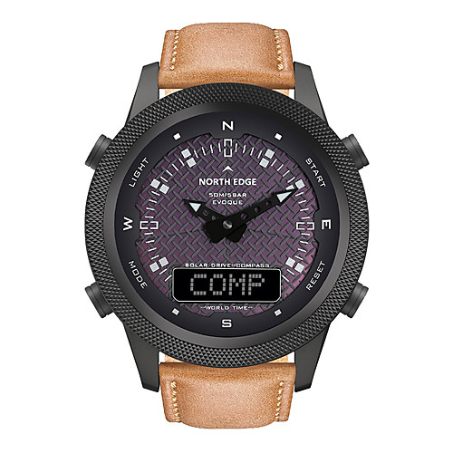 

NORTH EDGE Men's Military Watch Analog - Digital Solar Energy Casual Alarm Clock Compass Dual Time Zones / Genuine Leather / Japanese