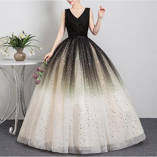 

Ball Gown Luxurious Elegant Quinceanera Prom Dress V Neck Sleeveless Floor Length Tulle with Sequin Appliques 2021
