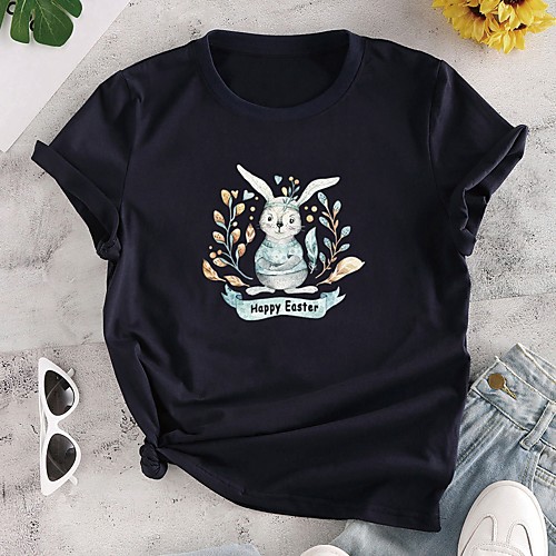 

Women's T shirt Graphic Letter Animal Print Round Neck Tops 100% Cotton Basic Basic Top Black Red Yellow