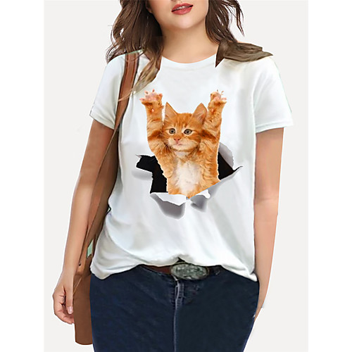 

Women's Plus Size Print Cat Graphic Animal T shirt Large Size Crewneck Short Sleeve Basic Tops XL XXL 3XL White Blue Big Size