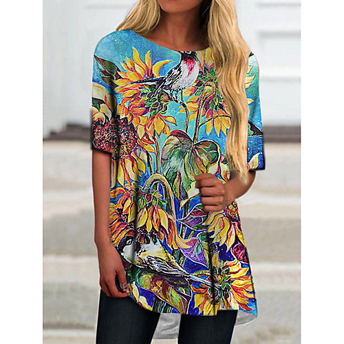 

Women's T Shirt Dress Tee Dress Short Mini Dress Blue Yellow Half Sleeve Floral Color Block Print Spring Summer Round Neck Casual 2021 S M L XL XXL 3XL