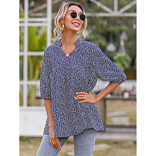 

Women's Blouse Floral Print V Neck Tops Casual Basic Top Blue