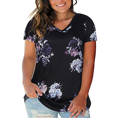 

Women's Plus Size Print Floral T shirt Large Size V Neck Short Sleeve Streetwear Tops XL XXL 3XL White Black Yellow Big Size