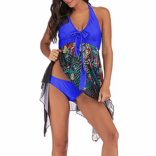 

women two piece tankinis floral print asymmetric hem swimdress v neck halter bathing tops with triangle bottoms swimsuits (blue, m)