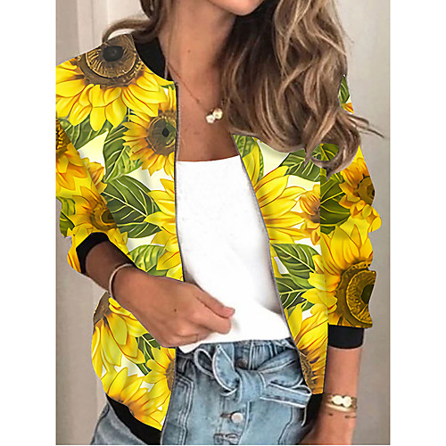 

Women's Plants Print Active Spring & Fall Jacket Regular Daily Long Sleeve Air Layer Fabric Coat Tops Yellow