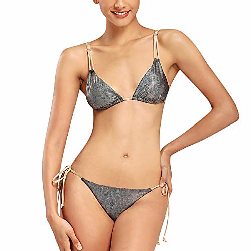 

women's metallic sexy bikini set halter ribbed cinched tie bathing suit triangle top two pieces swimsuit