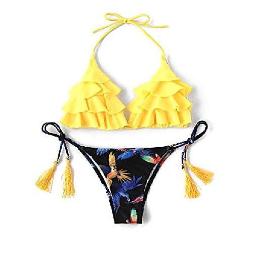 

verochic women's cute adjustable straps bird print tassel tie flounce bikini set (yellow, large)