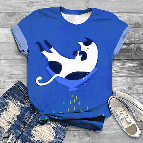 

Women's Plus Size Print Cat Graphic Animal T shirt Large Size Crewneck Short Sleeve Tops XL XXL 3XL Blue Big Size