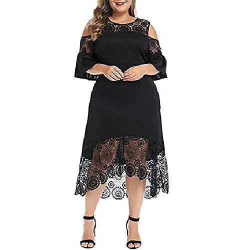 

Women's Plus Size Cold Shoulder Bodycon Pencil Cocktail Party Midi Dress with Belt Black XL