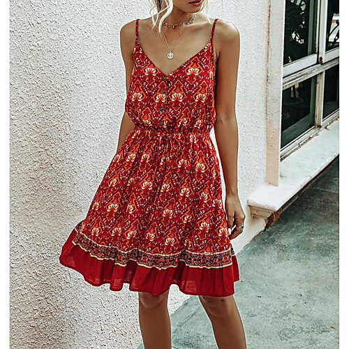 

Women's Strap Dress Short Mini Dress Blue Red Yellow Dusty Blue Navy Blue Beige Short Sleeve Floral Print Color Block Print Summer V Neck Casual Cotton 2021 S M L XL XXL