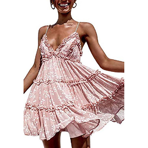 

gracevines women's summer v neck floral print mini dress ruffle layer backless skater swing dress pink