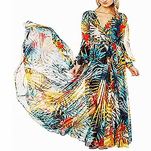 

women's boho beach dress floral v neck dress long sleeve leaf print flared skirt (2xl, blue)