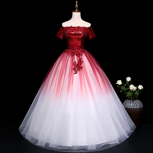 

Ball Gown Glittering Luxurious Quinceanera Prom Dress Off Shoulder Short Sleeve Floor Length Tulle with Pleats Sequin Appliques 2021