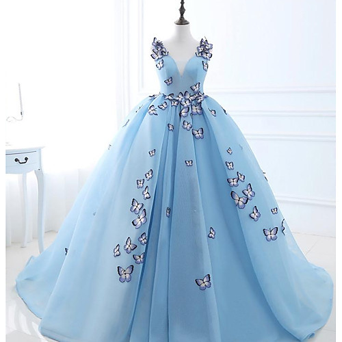 

Ball Gown Luxurious Floral Engagement Prom Dress V Neck Sleeveless Court Train Tulle with Pleats Appliques 2021